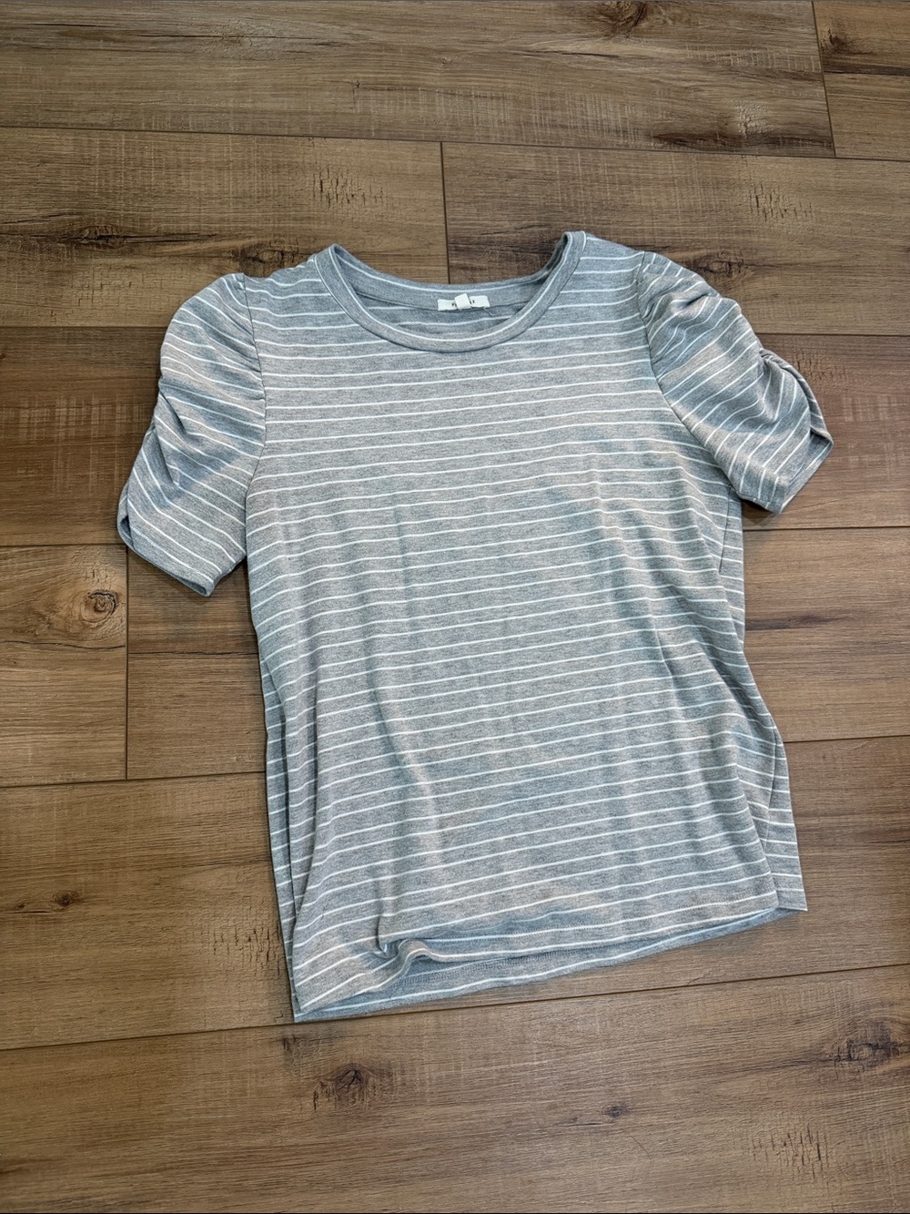 Pleione Gray and White Striped Puff-Sleeve Tee